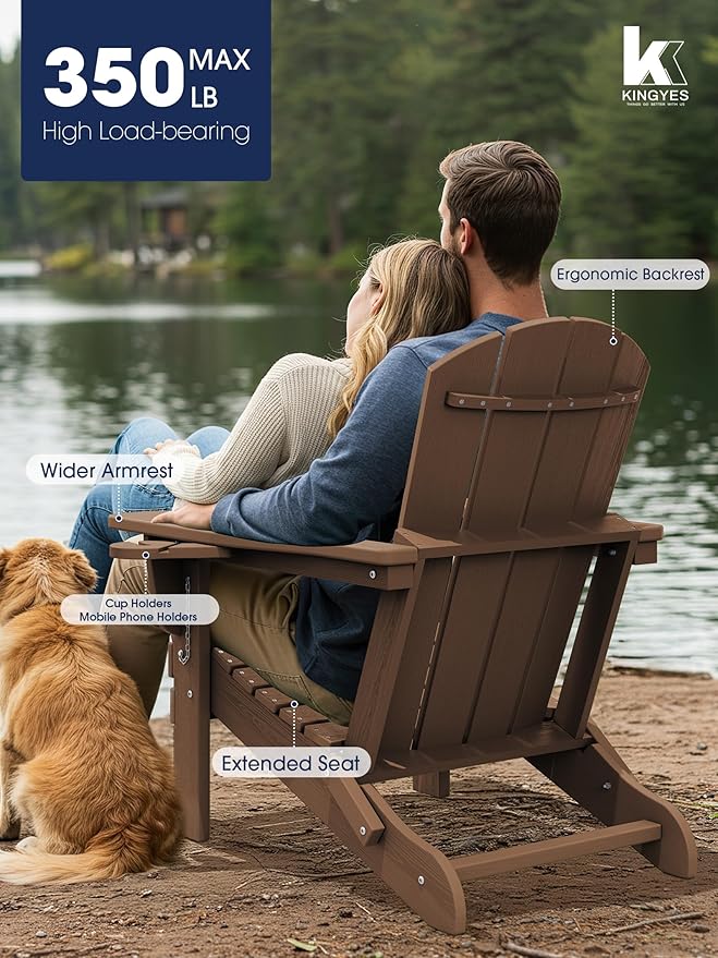 KINGYES Folding Adirondack Chair, Dual Cup Holders & All-Weather HDPE, Wood-Like Patio Chair, Brown