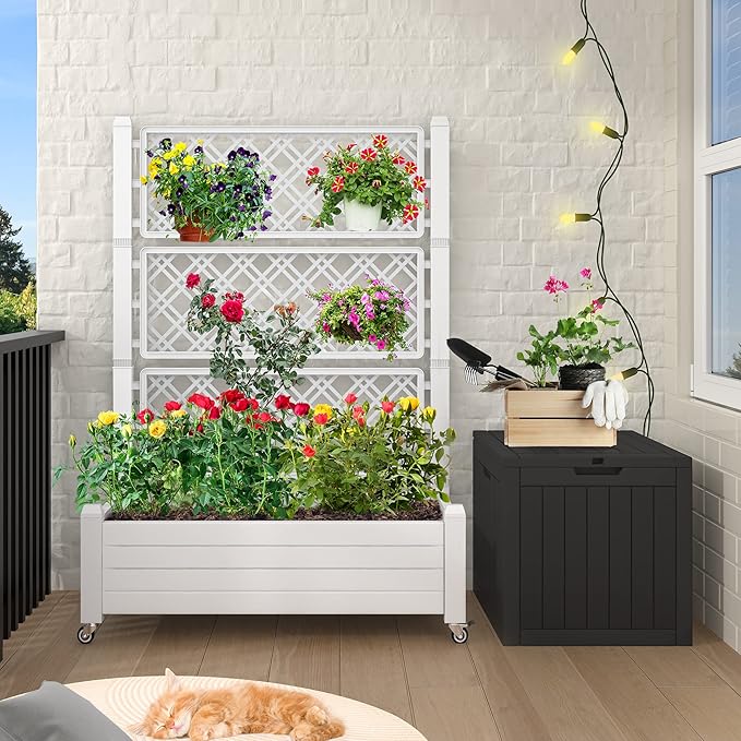 YITAHOME 43.3x17.7x61 in Planter Trellis Box with Wheels & Drain Plug, Outdoor Resin Raised Garden Bed for Climbing Plants, Large Weather-Resistant Design, Grayish-White