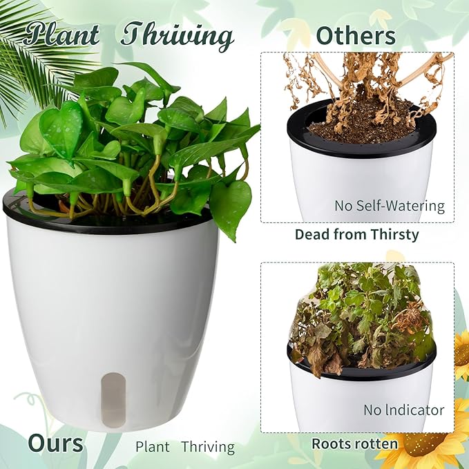Eccliy 14 Pieces 5 Inch Indoor Plant Pots Self Watering Planters with Drainage Holes Plastic Flower Pots with Water Indicator White Violet Pots for Indoor Outdoor Garden Home Office Decor