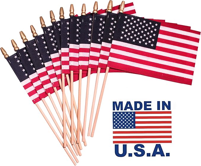 American Flags on Stick - Handheld Spearhead US Flag for 4th of July, Memorial Day Event Decorations - Patriotic Decor for Indoors & Yard - Wooden Stick, Cotton Fabric - (8"x12" - 12 Pack)