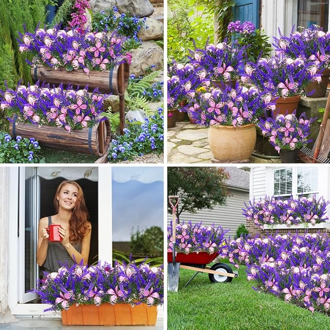 Solar Garden Lights Outdoor, 6 Pack Solar Butterfly Lights Purple Lavender Gardening Gifts for Women, Purple Solar Artificial Flower with Butterfly Purple Garden Decor for Lawn Patio-Warm White