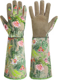 HANDLANDY Leather Gardening Gloves for Women, Thorn Proof Breathable Ladies Rose Pruning Garden Gauntlet Yard Gloves, Gift for Gardeners (Khaki, XL)