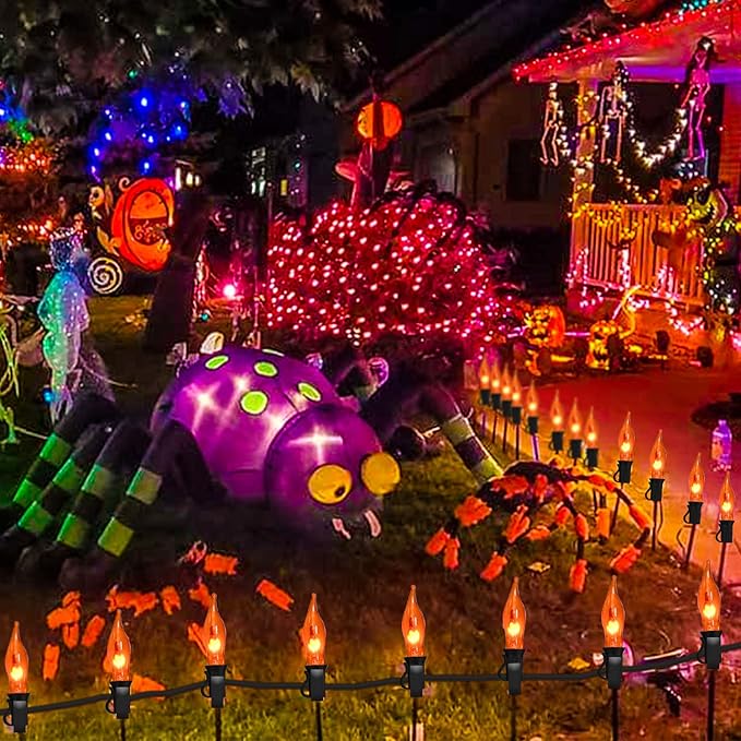 Halloween Lights Flickering Flame String Lights with 12 Pack C7 Orange Flame Light Bulbs (2 Spare), 12.8Ft Orange Flame String Lights for Indoor Outdoor Home Party Yard Halloween Decorations