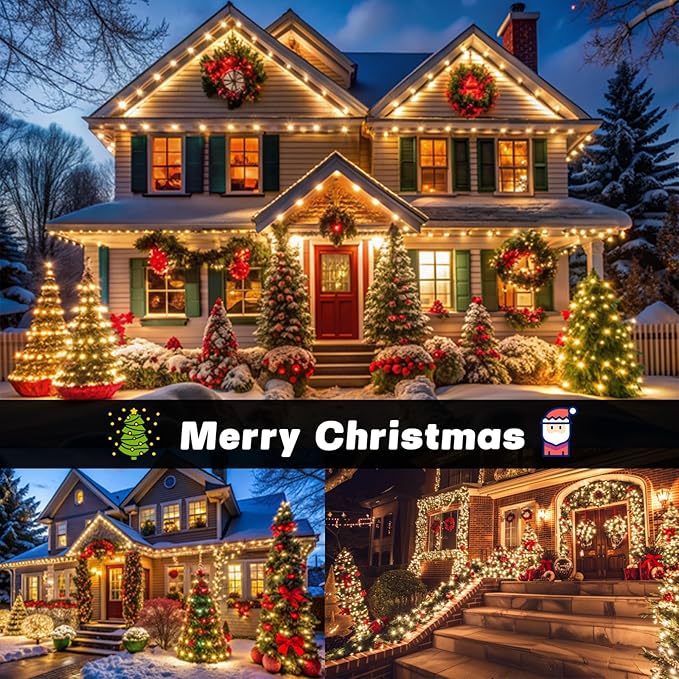 OZS 2PK 240LED 95FT Solar String Lights Outdoor Waterproof, Solar Christmas Light Auto On/Off, Green Wire Solar Tree Lights with 8 Lighting Modes for Party Garden Christmas Decorations (Warm White)