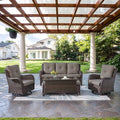 Wicker Outdoor Furniture Patio Furniture Set - 6 Piece Patio Conversation Set with Swivel Rocker Chairs, Rattan Sofa, Ottomans and Coffee Table, Gray Cushion