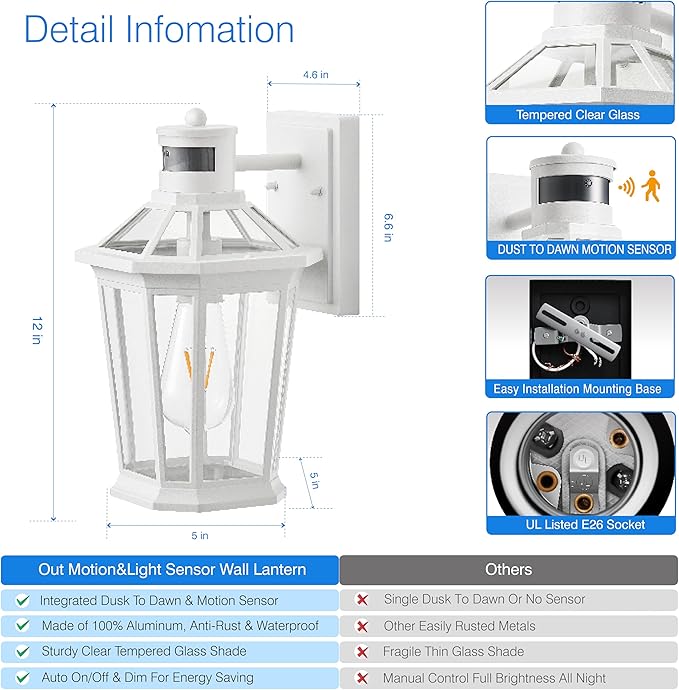 VIANIS Motion Sensor Outdoor Exterior Light Fixture, White Outdoor Porch Lights Wall Mount, Waterproof Dusk to Dawn Coach Lantern, Modern Outdoor Lights Fixtures for Garage, Front Door