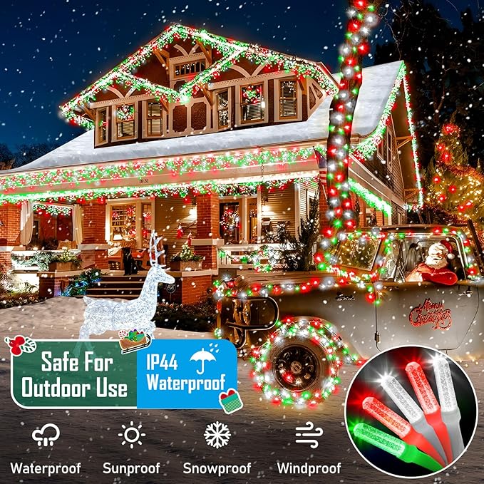 Heceltt 1600 LED 630 FT String Lights Outdoor, 8 Modes Christmas Lights Plug in, IP44 Waterproof Led String Lights with Timer and Memory for Home Party Tree Decorations (Red Green and White)
