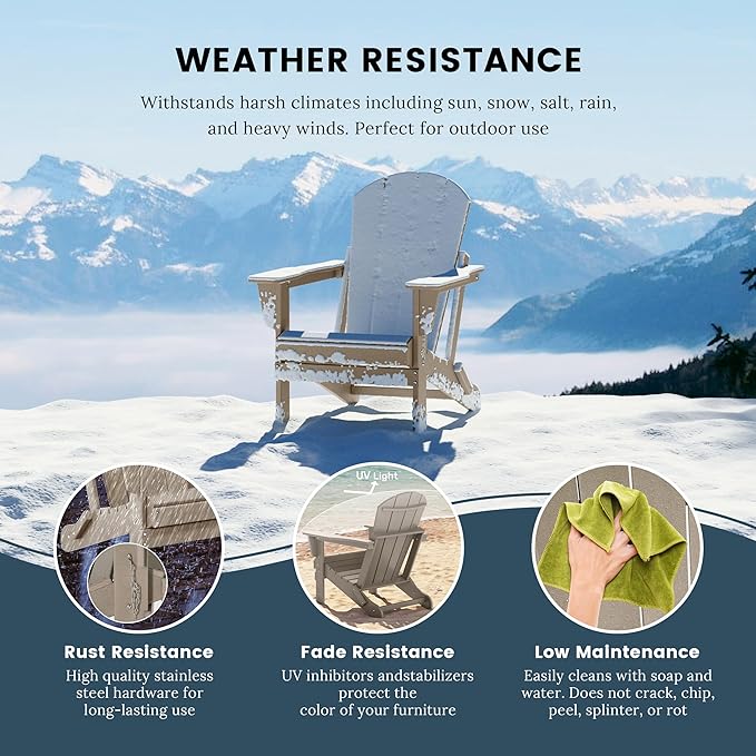 Westin Outdoors Laguna WO Home Furniture Adirondack Chair 2 PCS Set Outdoor Folding Patio Chair for Bon Fire Pit Garden Lawn Backyard Lounging Relaxing (Weathered Wood)