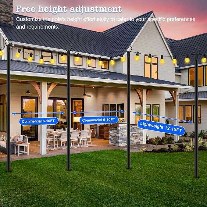 4 Pack String Light Poles,10 Ft Metal Poles with Fork for Outdoor String Lights,Outdoor Light Poles with Fork,Poles/Post/Stand for Outside,Patio,Deck,Backyard,Garden Wedding,Party