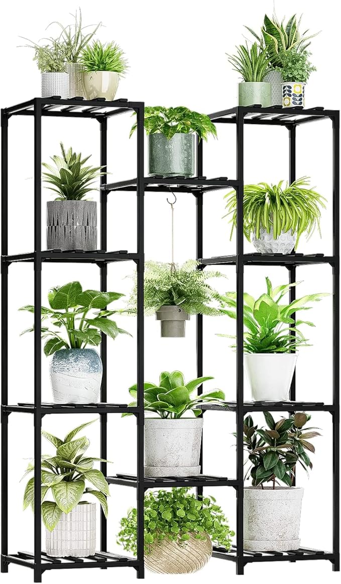 Bamworld Black Plant Stand Indoor Bamboo Hanging Plants Shelf for Multiple Plants Tall Large Holder for Living Room, Patio, Balcony, Garden