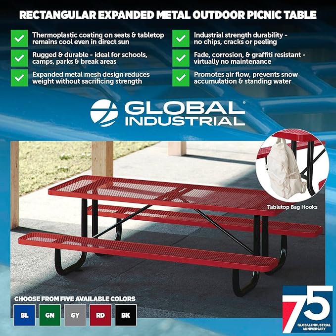 Global Industrial 8’L Rectangular Picnic Table, Expanded Metal, Gray Thermoplastic Coating, Attached Benches, 1-1/2” Umbrella Pole Hole, Outdoor-Rated, 1000 lb Capacity, 96” x 30” Tabletop