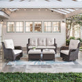 5 Piece Outdoor Patio Furniture Set - Wicker Furniture Patio Conversation Set, Outdoor Swivel Rocker Chairs with 3-Seater Sofa and 2 Ottomans for Small Space, Brown Wicker