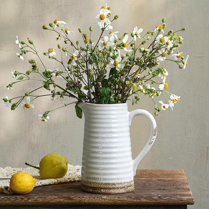 Quoowiit Ceramic Rustic Vase with Handle, White Distressed Decorative Farmhouse Pitcher Vase for Home Decor Living Room Bedroom Kitchen Office Shelf Decor Centerpiece Table Decoration