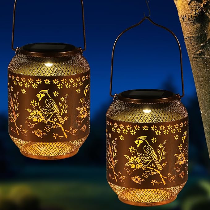 Solar Lanterns Outdoor Waterproof Christmas Birthdays Gifts for Women Mom Grandma Butterfly Garden Decor Metal Hanging Solar LED Lights for Patio(Red Bird-2P)