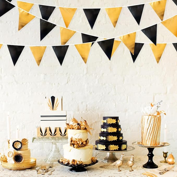Black and Gold Party Decorations Triangle Pennant Banner Flag Metallic Fabric Bunting Garland for Birthday Graduation Anniversary Wedding Bachelorette Bridal Shower Engagement Hen Party Supplies