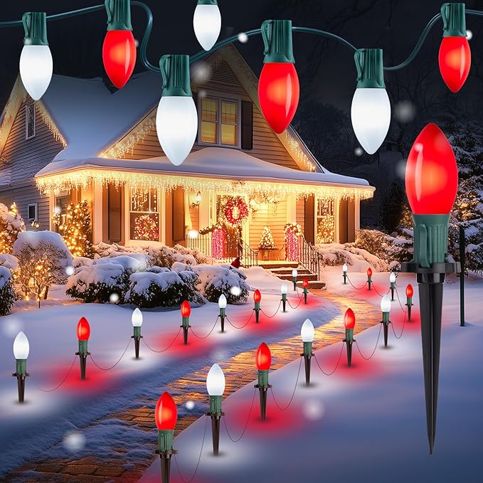 Brightown Frosted C9 LED Christmas Lights Outdoor, 2 Packs Total 64Ft Christmas Pathway Lights with 50 LED Bulbs and Stakes, Christmas Decorations Outside Driveway Walkway Sidewalk, Red and White