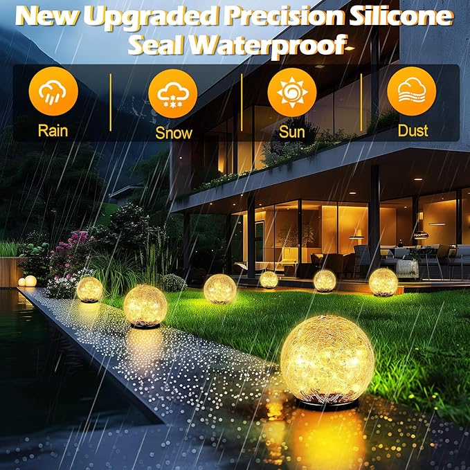 Garden Solar Ball Lights Outdoor Waterproof, 30 LED Cracked Glass Globe Solar Power Ground Lights for Path Yard Patio Lawn, Christmas Decoration Landscape Warm White(2 Pack 3.9'')