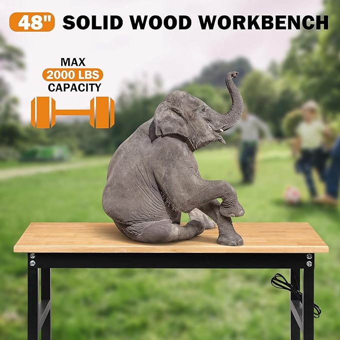 48" Adjustable Workbench for Garage, Rubber Wood Heavy Duty Workstation with Power Outlets & Wheels, 2000 LBS Load Capacity Hardwood Worktable for Workshop, Garage, Office, Home, Commercial