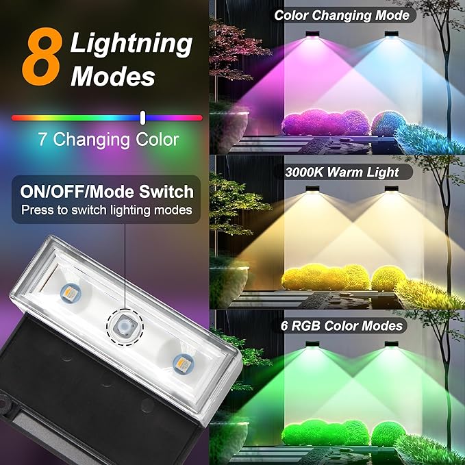 Ellasay Solar Fence Lights Outdoor: IP65 Waterproof RGB Solar Powered with 8 Lighting Modes - Wall Decor for Garden Patio Backyard Balcony Porch 2 Pack