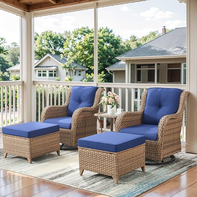 5 Pieces Patio Furniture Sets Wicker Outdoor Furniture, Rattan Patio Swivel Glider Chairs with 2 Ottoman and Glass Side Table, Yellow
