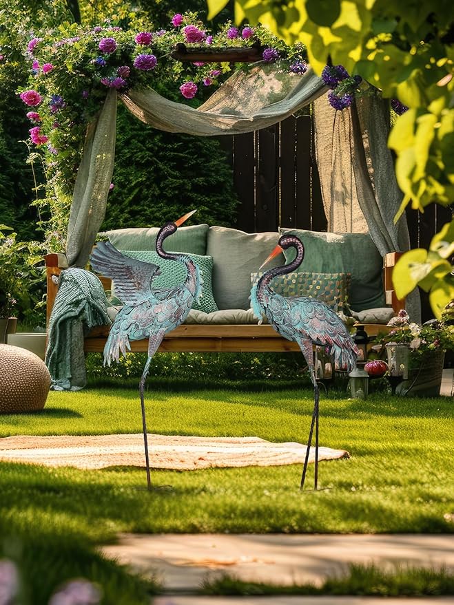 YEAHOME Garden Decor Outdoor Statues, 38"/36" Large Metal Heron Standing Yard Art, Blue Crane Lawn Sculptures Garden Decor for Outside Patio Porch Backyard, Set of 2