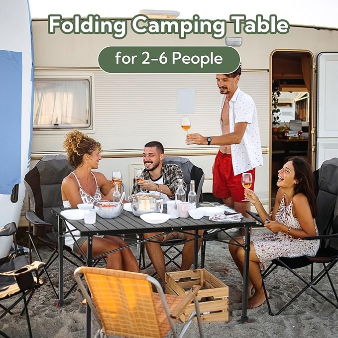 Portable Outdoor Adjustable Height Camping Table, Large for 2-6 Person, Foldable Roll-up Aluminum Camp Table with Carry Bag for Picnic, Camp, Sturdy, Stable, Loads 220 Lbs (Black)