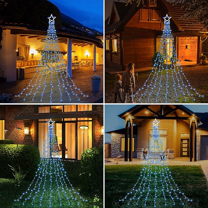 Christmas Decorations Star String Lights, 320 LED Waterfall Tree Lights with 13" Topper Star 8 Lighting Modes Indoor Outdoor Decorative for New Year, Holiday, Wedding, Party
