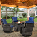 5 Pieces Patio Wicker Furniture Set - 4 Outdoor Swivel Rocker Glider Chairs with Propane Fire Pit Table, Patio Conversation Set Blue Cushion Perfect for Casual Gathering