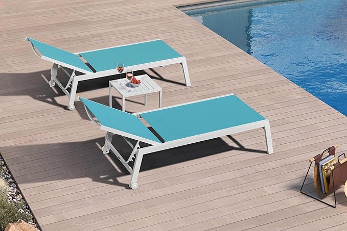 PURPLE LEAF Outdoor Chaise Lounge Set Adjustable Sunbathing Recliner with Side Table for Beach Poolside Outside Patio Aluminum Chaise Lounger Turquoise Blue