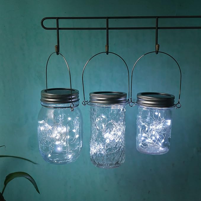 Decorman Solar Mason Jar Lights, 12 Pack 30 LED Fairy Star Firefly String Lids Lights with 12 Hangers for Patio Yard Garden Party Wedding Christmas Decoration(Jars Not Included) (12 Pack, Cool White)