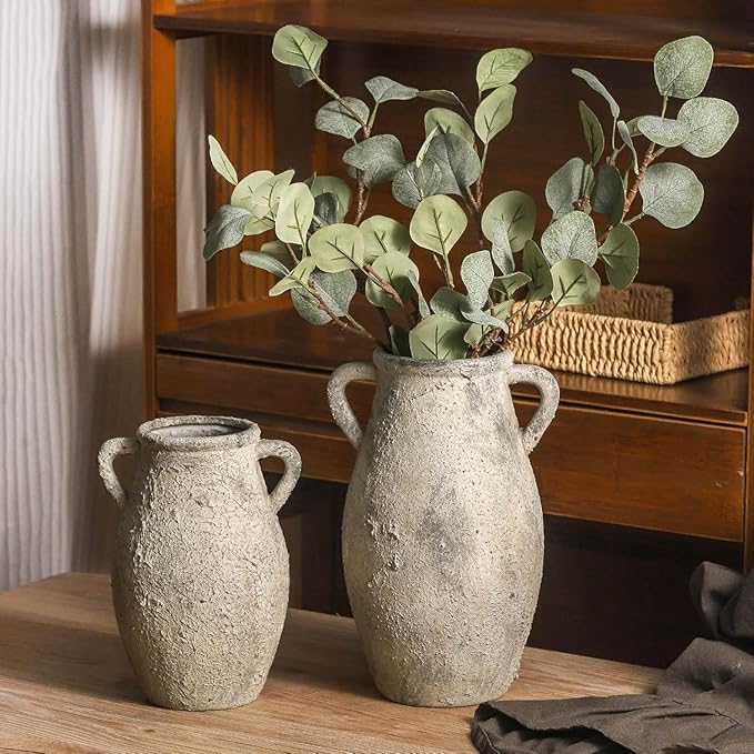 Large Ceramic Rustic Vase,11.3 inch Tall Farmhouse Flower Vase with 2 Handles for Home Decor, Living Room Entryway Table Centerpiece Decor