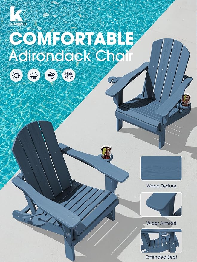 KINGYES Folding Adirondack Chair Set of 2, Dual Cup Holders & All-Weather HDPE, Wood-Like Patio Chair for Backyard, Camping, Pool & Fire Pit, Navy
