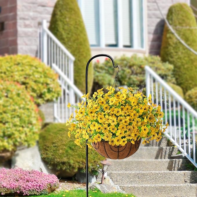 Artificial Faux Hanging Plants Flowers Basket Outdoor Indoor Patio Lawn Garden Spring Decor, Fake Silk Daisy in Basket with 12inch Coconut Lining Chain Palm Flowerpot(Yellow)