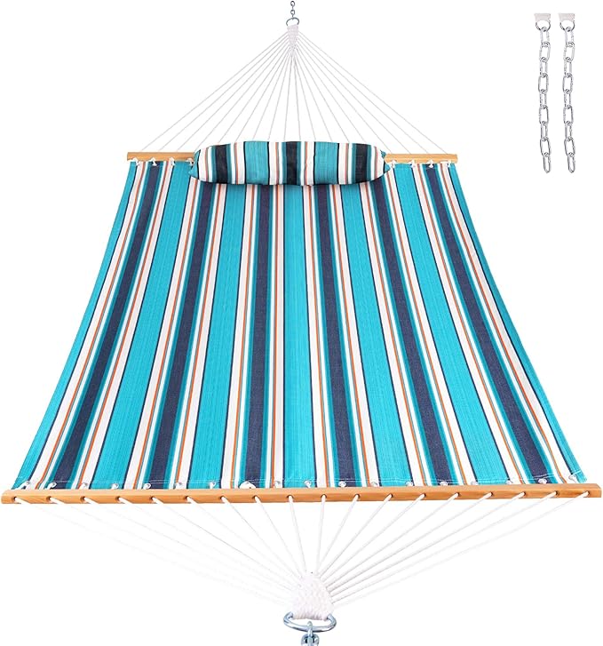 Lazy Daze 12 FT Sunbrella Fabric Hammock not Fading with Spreader Bars and Free Pillow Fits for Two Persons, All Weather and Fade Resistant for Patio Yard, 450 lbs Weight Capacity, Token Surfside