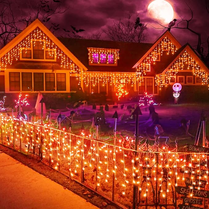 Icicle Lights for Outside, 33FT 400 LED Christmas Lights with 8 Modes Waterproof, Plug in Connectable Curtain Hanging Lights for Outdoor Indoor House Roof Party Wedding, Orange
