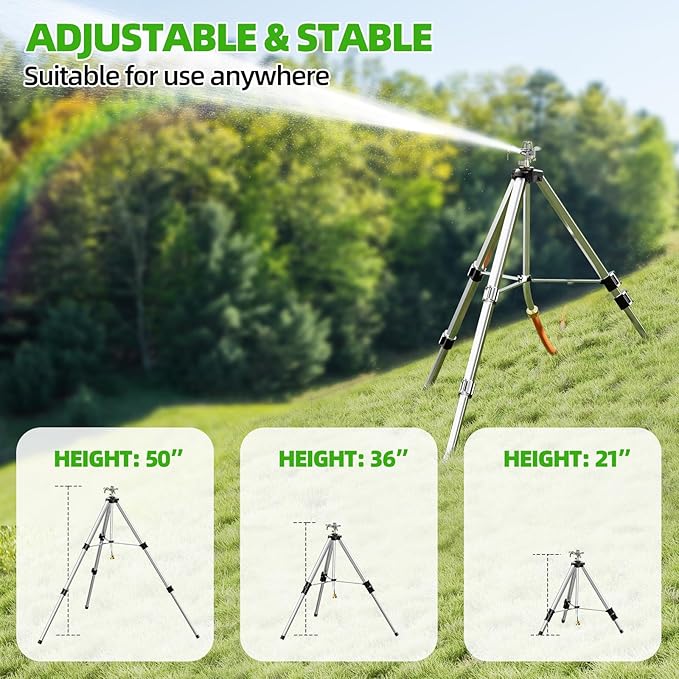 Brass Impact Sprinkler on Tripod Base, 50” Heavy Duty Metal Pulsating Telescoping Sprinkler, 360 Degree Irrigation for Large Area, Yard, Lawn, Waters up to 90ft, Covering up to 6360sqft