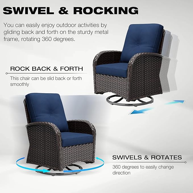 Joyside 5 Piece Patio Furniture Set, Outdoor Swivel Chair Sets with Thick Cushion and Ottoman, Wicker Patio Conversation Set for Porch, Deck Use (Brown/Blue, 5 PCS)
