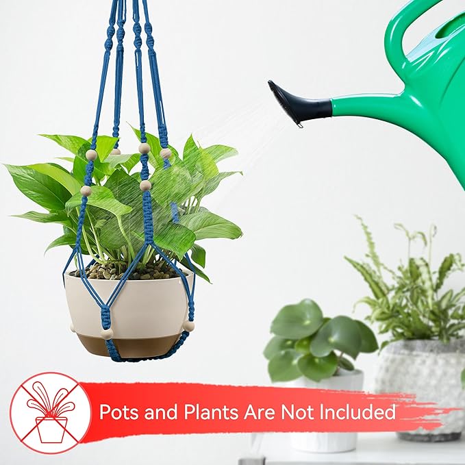 USLAI Macrame Plant Hanger Indoor Outdoor, Up to 4-15 inch Pot, Heavy 20lb Planters, Extra Long Strong Hanging Planter Basket Holder, Boho Home Decor, 35+72 Inch, Blue (POTS NOT Included)