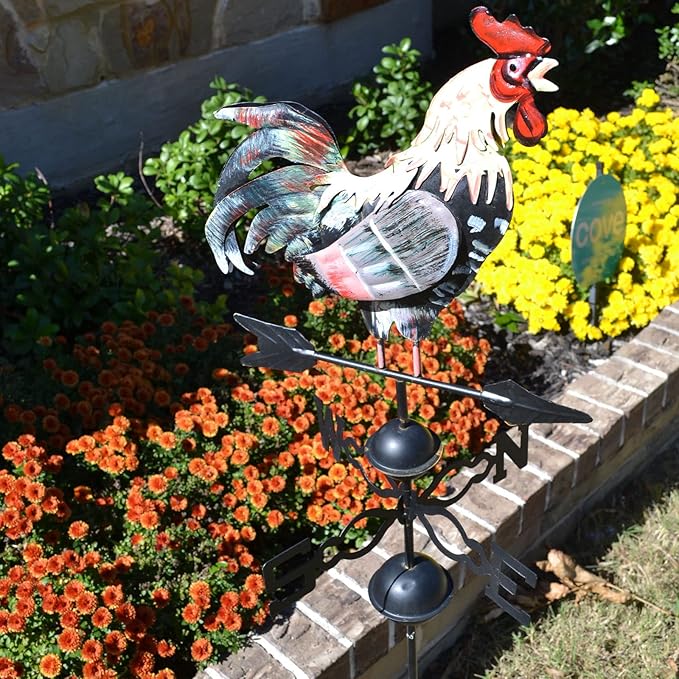 Westcharm 48 in. Crowing Metal Rooster Weathervane | Wind Wheel Decorative Garden Stake with Rooster Ornament | Chicken Garden Weather Vane