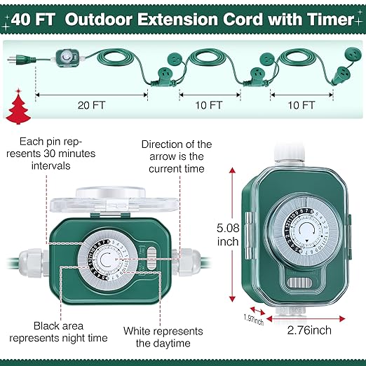 Feekoon 40 FT Extension Cord Splitter with Timer and 3 Outlet Plug, 16awg SJTW Outdoor Extension Cord with Multi Outlet Safety Cover for Holiday Lights Garden Patio Christmas Outdoor Decorations