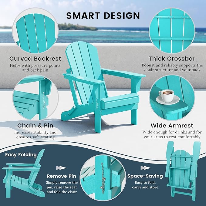 Westin Outdoors Laguna WO Home Furniture Adirondack Chair 4 PC Set Classic Outdoor Patio Folding Chair for Bon Fire Pit Lawn Backyard Beach Plastic Weather-Resistant (Turquoise)