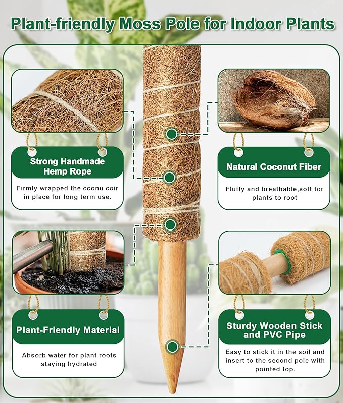 EAONE Moss Pole 96 Inch, 6 Pack 16" Monstera Plant Support for Climbing Potted Live Plants Indoor, Stackable Coco Coir Moss Sticks Monstera Stakes for Pothos Philodendron, with Garden Labels & Ties