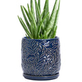 D'vine Dev 5 Inch Embossed Leaves Stoneware Planter Pot with Drainage Hole and Saucer, Midnight Blue, 27-A-V-3