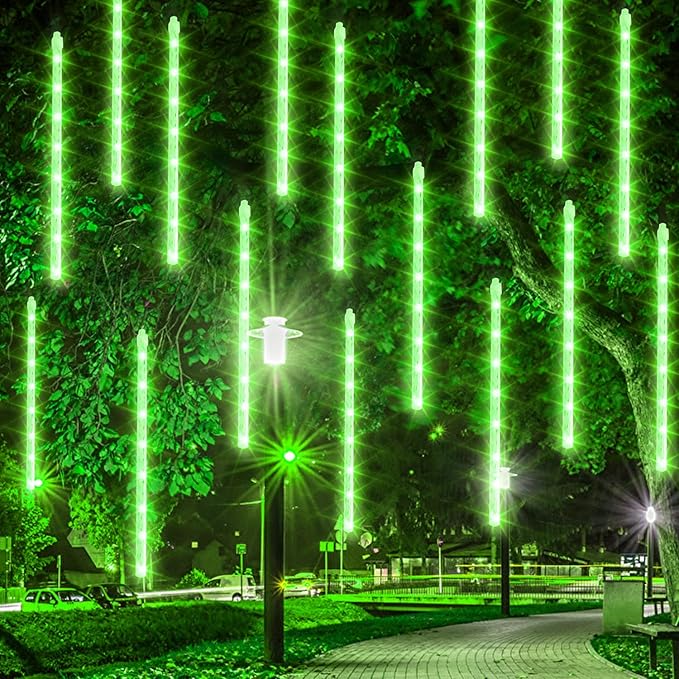 Dazzle Bright 288 LED Christmas Light, 11.8 Inch Meteor Shower Rain Lights with 8 Tubes, Waterproof Plug in Falling Rain Lights Christmas Decorations for Xmas Bushes Tree Yard Party (Green)