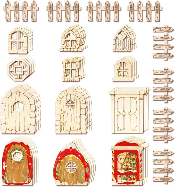 56 Pcs Fairy Door & Window Craft Kit - Wooden Garden Doors, Mini Fences, Unpainted Miniature Accessories for Home Party Event Decor - DIY Fairy House Decorations (Antique)