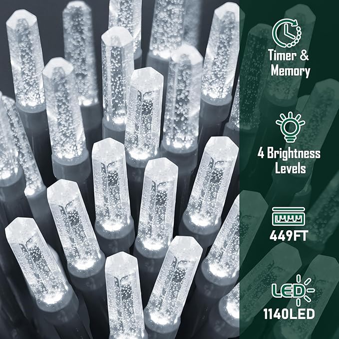 Heceltt 1140 LED 449 FT String Lights Outdoor, 8 Modes White Christmas Lights Plug in, IP44 Waterproof Led String Lights with Timer and Memory for Xmas Tree Yard Party Garden Decorations