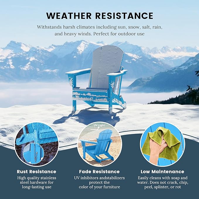 Westin Outdoors Laguna WO Home Furniture Adirondack Chair 4 PC Set Classic Outdoor Patio Folding Chair for Bon Fire Pit Lawn Backyard Beach Plastic Weather-Resistant (Pacific Blue)