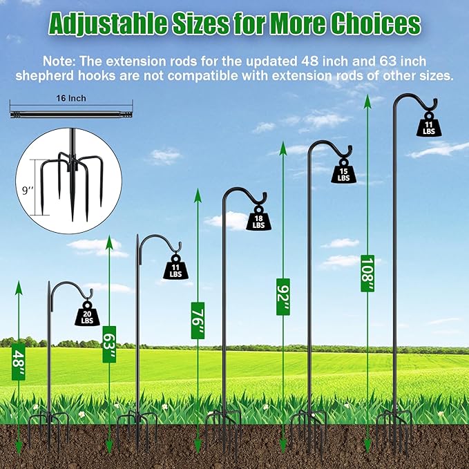 FEED GARDEN Shepards Hooks for Outdoor Bird Feeder Pole 76 Inch Adjustable Tall Heavy Duty Shepherds Hooks for Hanging Plant Baskets, Solar Lights, Wedding Decor, Lanterns, Black (2 Pack)