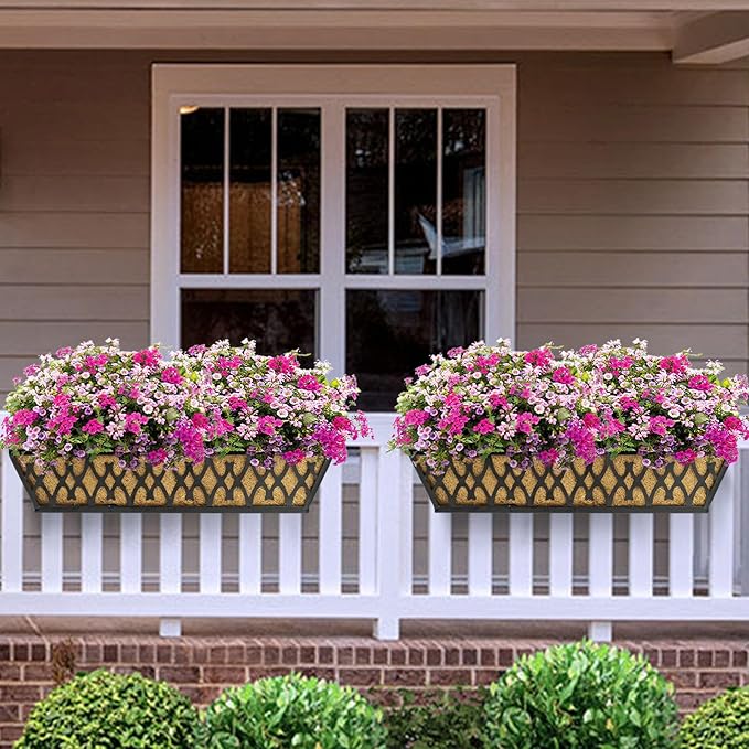2 Pack 30 Inch Window Boxes Planters Railing Planter Box with Adjustable Brackets for Porch Fence Patio Balcony Hanging Flower Baskets with Coco Liners for Outdoor Garden Decor - Black
