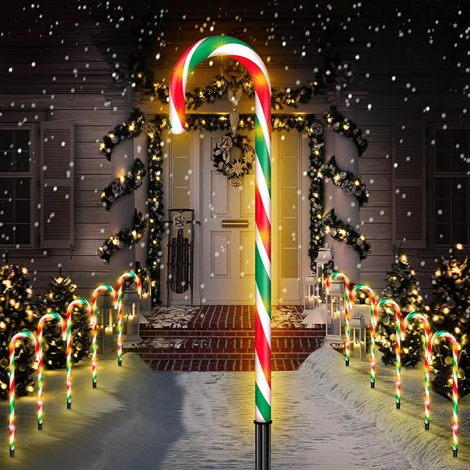 WeGuard 10PK Christmas Candy Cane Pathway Lights Outdoor Decorations 21" 8 Lighting Modes Flashing Waterproof Outdoor Lighted Christmas Decor for Garden Yard (Red&Green)
